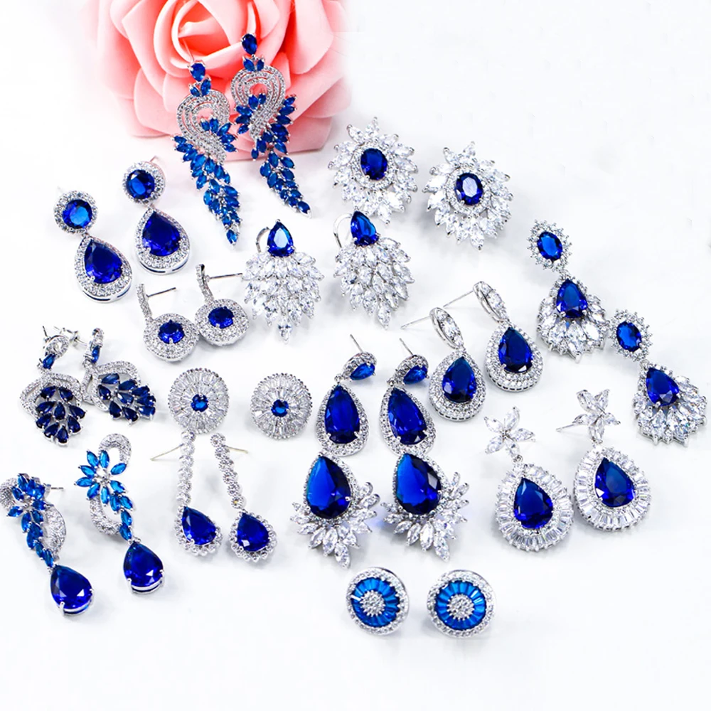 Hd08fc8e1b1b1419593a71d700c439c18X - ThreeGraces Noble Big Cubic Zirconia Dark Blue Crystal Earring for Women Statement Round Flower Dangle Teardrop Earrings ER011