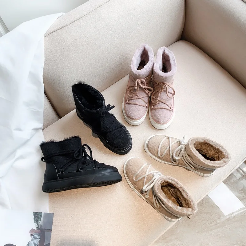 EGONERY Cute Wool Snow Boots 2020 Winter Fashion Women's Flats Shoes Pink Apricot Black 34-42 Plus Size Ankle Boots Dropshipping