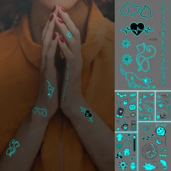 Heart-Shaped Luminous Tattoos Line Cat Dog Daisy Blue Glow English Words Waterproof Temporary Tattoo Stickers Women Men Couples