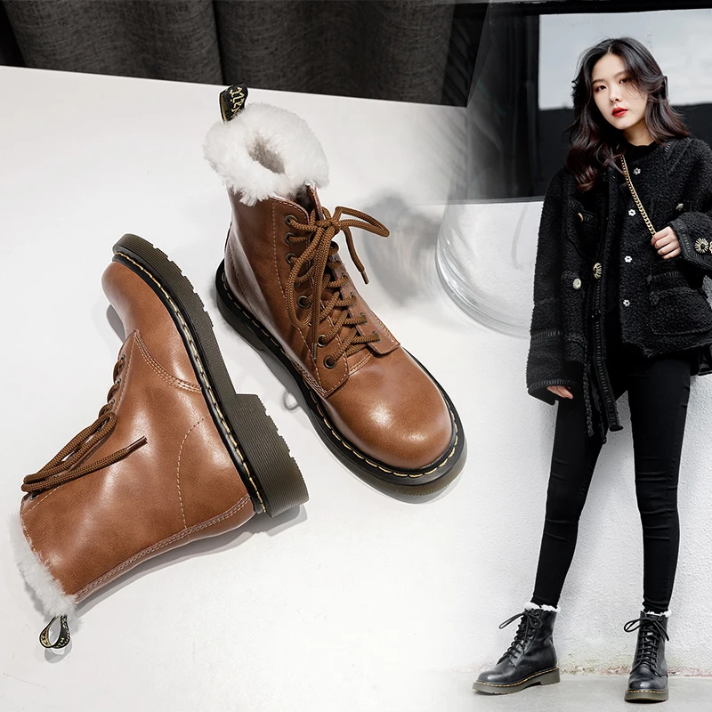 Kopen Echt Leer Martin Laarzen Vrouwen Winter Warm Bont Platform Dr Motorfiets Schoenen Vrouwen Pluche Enkellaarsjes Vrouwelijke Punk Bootts