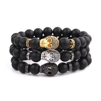 New Men Bracelet Big CZ Skull Charm Natural Stone Beads Stretch Bracelet Men Large Bracelet
