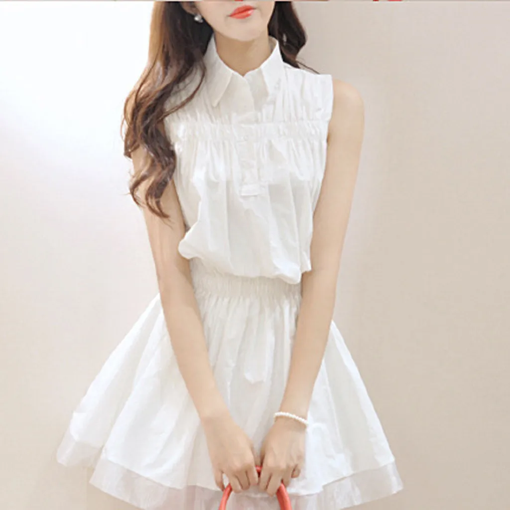 Модное женское платье повседневное белое с отложным воротником без рукавов