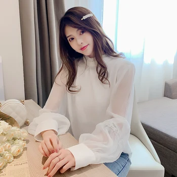 

Women White Shirt Lartern Sleeve Blouses Womens Female Blouse Shirt Tops Spring Transparent Casual