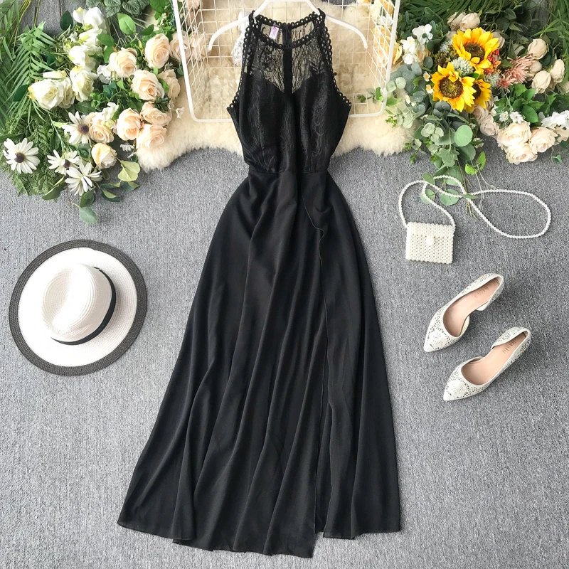 2020 Sexy Halter Neck Lace Patchwork Maxi Long Dress Elegant Summer Party Women Tank Sundress Sexy Split Casual Evening Vestidos