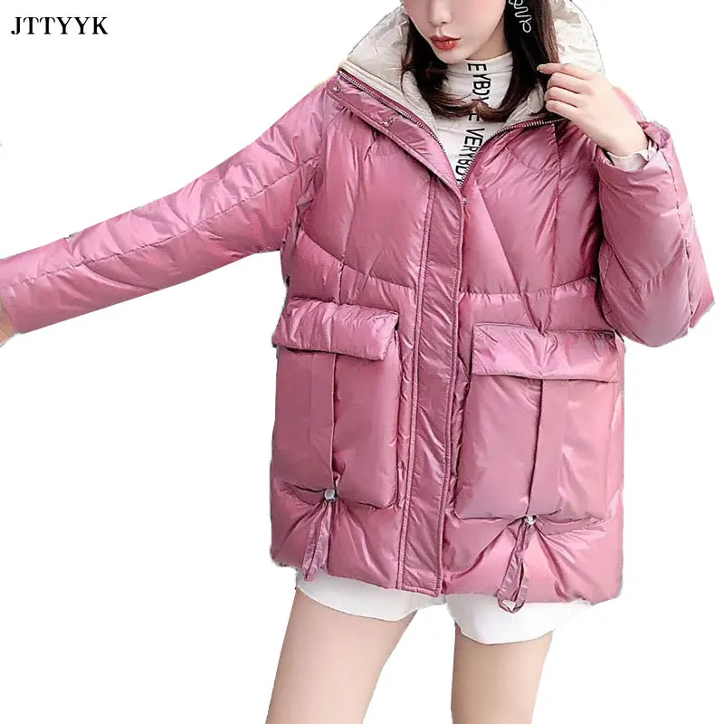 

2020 Winter New Lightweight Parka Down Jacket Womens Fashion Stand-up Collar Loose Warm Coat Big Pocket Casual Jackets female