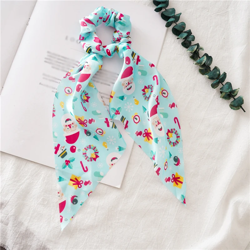 Christmas New Floral Dot Streamers Scrunchies Women Hair Scarf Elastic Bow Hair Rope Ribbon Band Girls Hair Accessories - Цвет: Светло-голубой