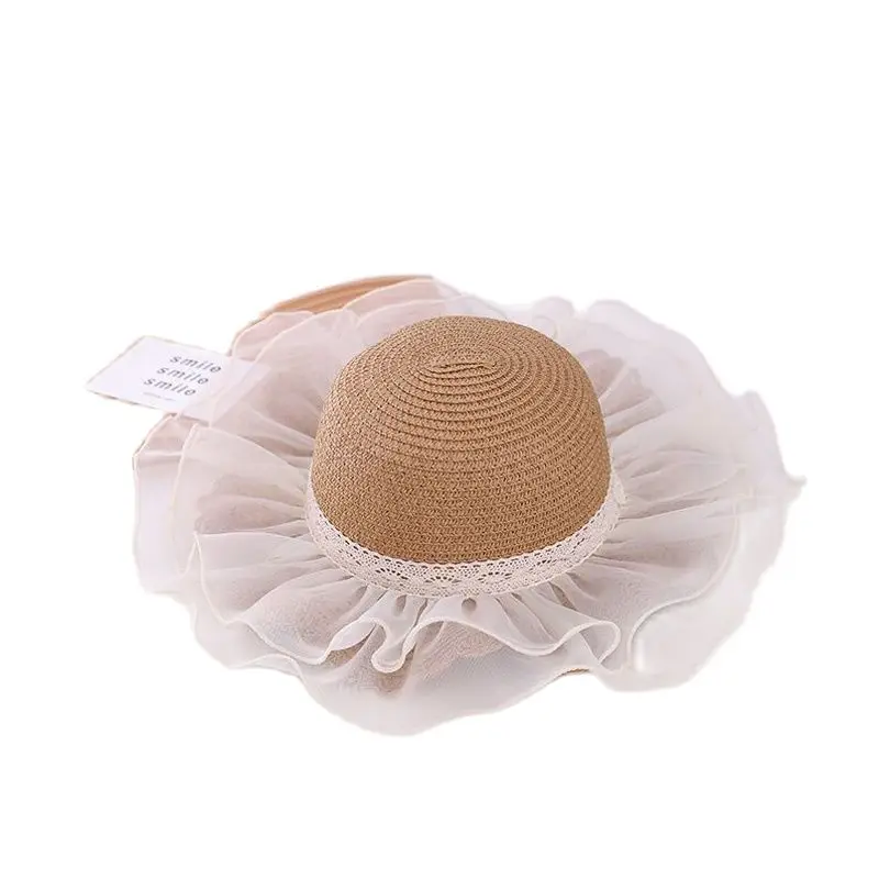 

Europe America Net Yarn Lotus Leaf Parent-Child Sun Hat Spring Summer Brand Kid Beach Straw Hat For Women Girl Wide Brim Cap