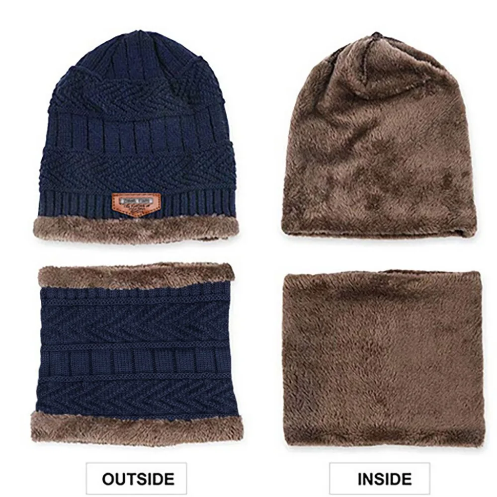 Мужская теплая шапка Skullies+ мягкий шарф, комплект из двух предметов, зимняя утолщенная шапка, мужские ветрозащитные вязаные шапки, аксессуары для шеи