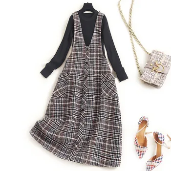 

Europe Fashion Woman Clothes 2020 Runway Designers Long Sleeve Pullover Knitted Top and Retro Plaid Woolen Dress Two Piece Suits