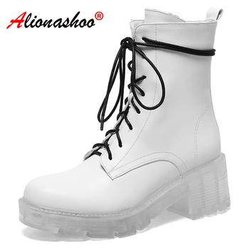 

Aliona Shoo ladies ankle boots ankle boots for women clear bottom lace up autumn winter shoes women cow leather zipper shoes 40
