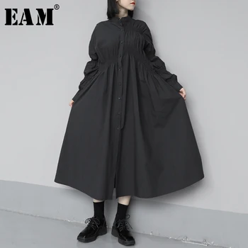 

[EAM] Women Big Size Pleated Asymmetrical Shirt Dress New Stand Collar Long Sleeve Loose Fit Fashion Spring Autumn 2020 1S410