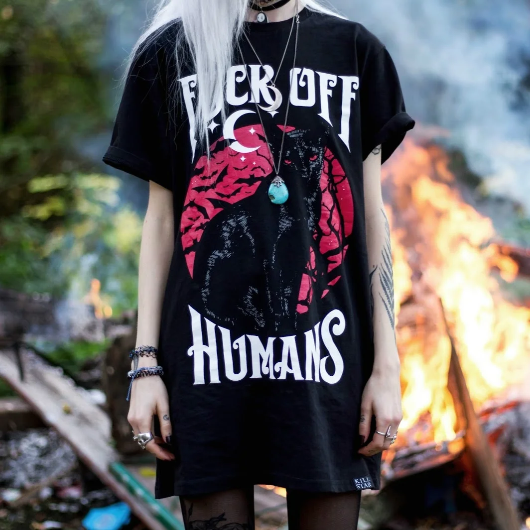 Fashionshow-JF Anti Humans Cat Funny Printed T Shirt Women Short Sleeve Cotton Gothic Dark Style Street Outfits | Женская одежда