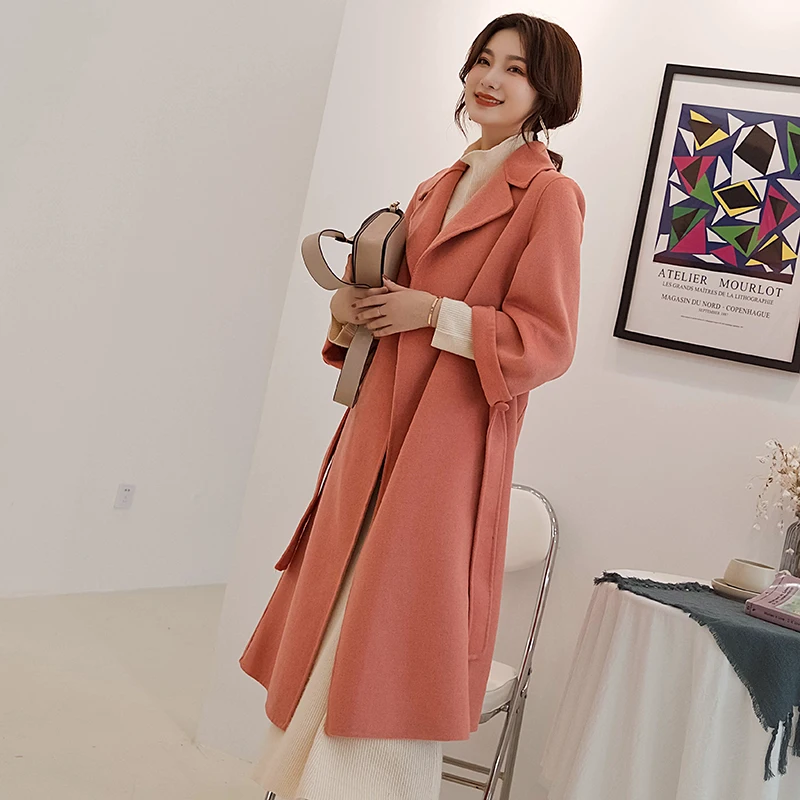 LHZSYY 2019Autumn Winter New Women Double-sided Woolen Coat Fashion Slim Pure Wool lacing Long Thick Warm Cashmere Cardigan Coat - Цвет: Розовый