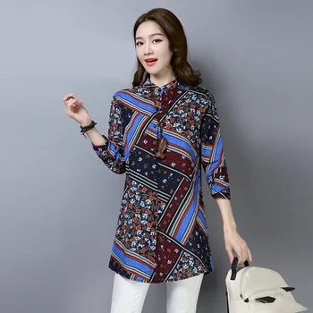 

#2956 Floral Print Long Sleeve Shirt For Women Stand Collar Cotton Linen Blouse Female Slim Casual Vintage Women Shirt Tunic