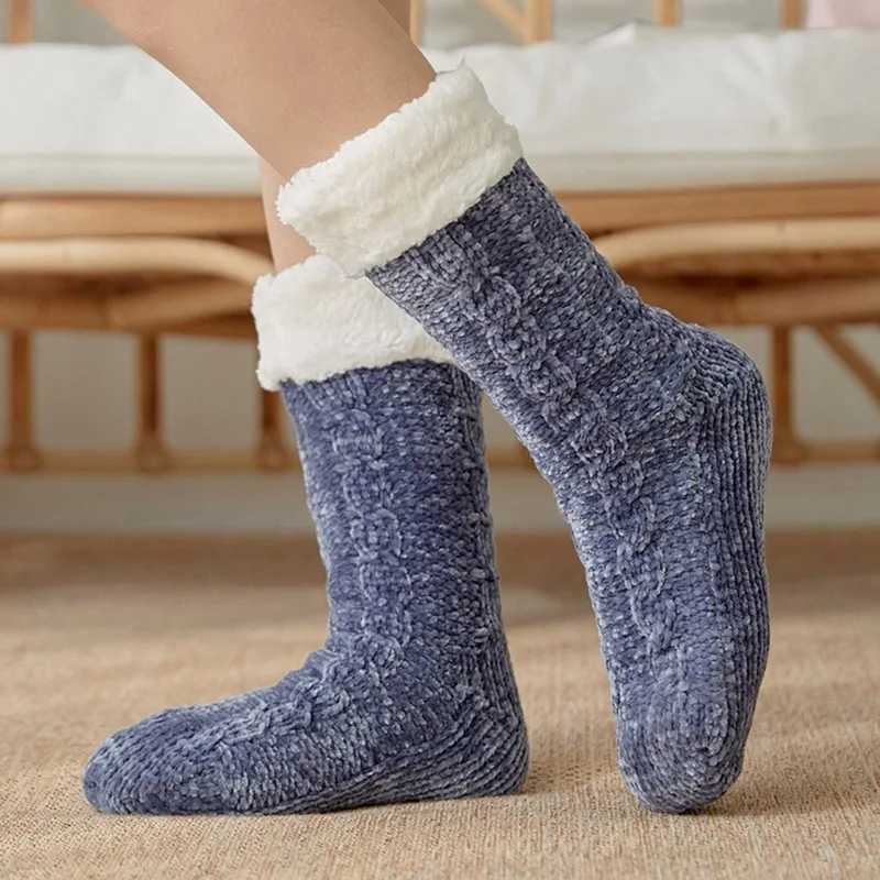 Зимние теплые носки, толстые флисовые Носки с подкладкой, женские мягкие теплые уютные Пушистые Носки-Тапочки - Цвет: SK1671BL