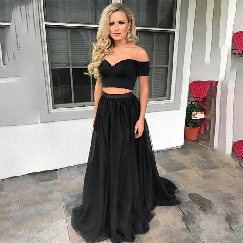 

2020 Black Two Pieces Evening Dresses V-Neck Off The Shoulder Formal Party Gown Tulle Cheap Prom Dress Custom Made