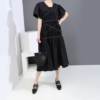

Summer Beaded V-neck Solid Color Street Cool Style Long Dress Short Sleeve Popular Comfortable Dresses For Ladies