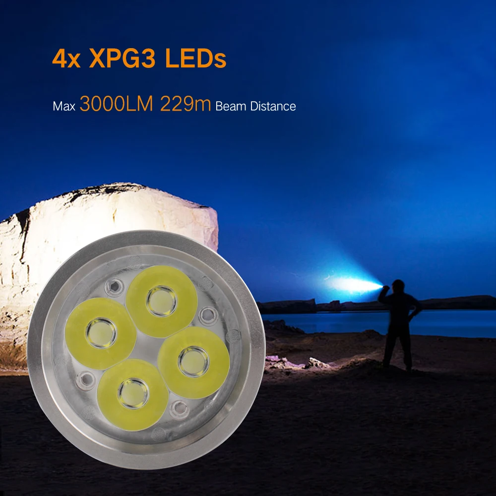  BORUiT BC15 4*XPG3 3000LM Powerful LED Flashlight USB Rechargeable 26350 6-Mode Super Bright Torch  - 4000346365642