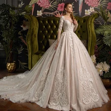 Gorgeous Shiny Ball Gown Wedding Dresses Vestido De Casamento Beading Appliques Long Sleeve Wedding Dress Mariage