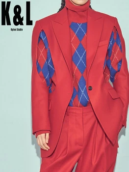 

Street fashion hollow long-sleeved lapel red suit 2020 autumn new bloggers with the same essential loose jacket women