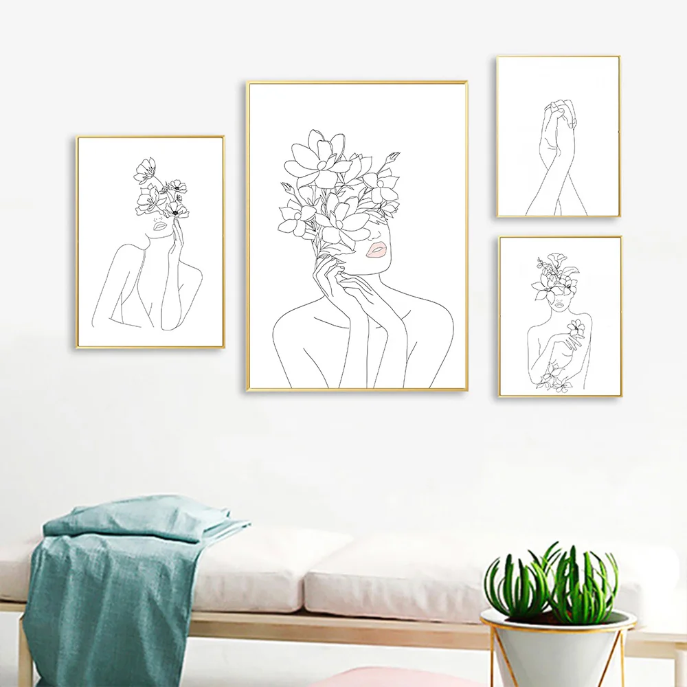 Line Woman Face with Flowers Posters and Prints Wall Art Canvas Painting Nordic Poster Minimalist Style Line Draw Home Decor