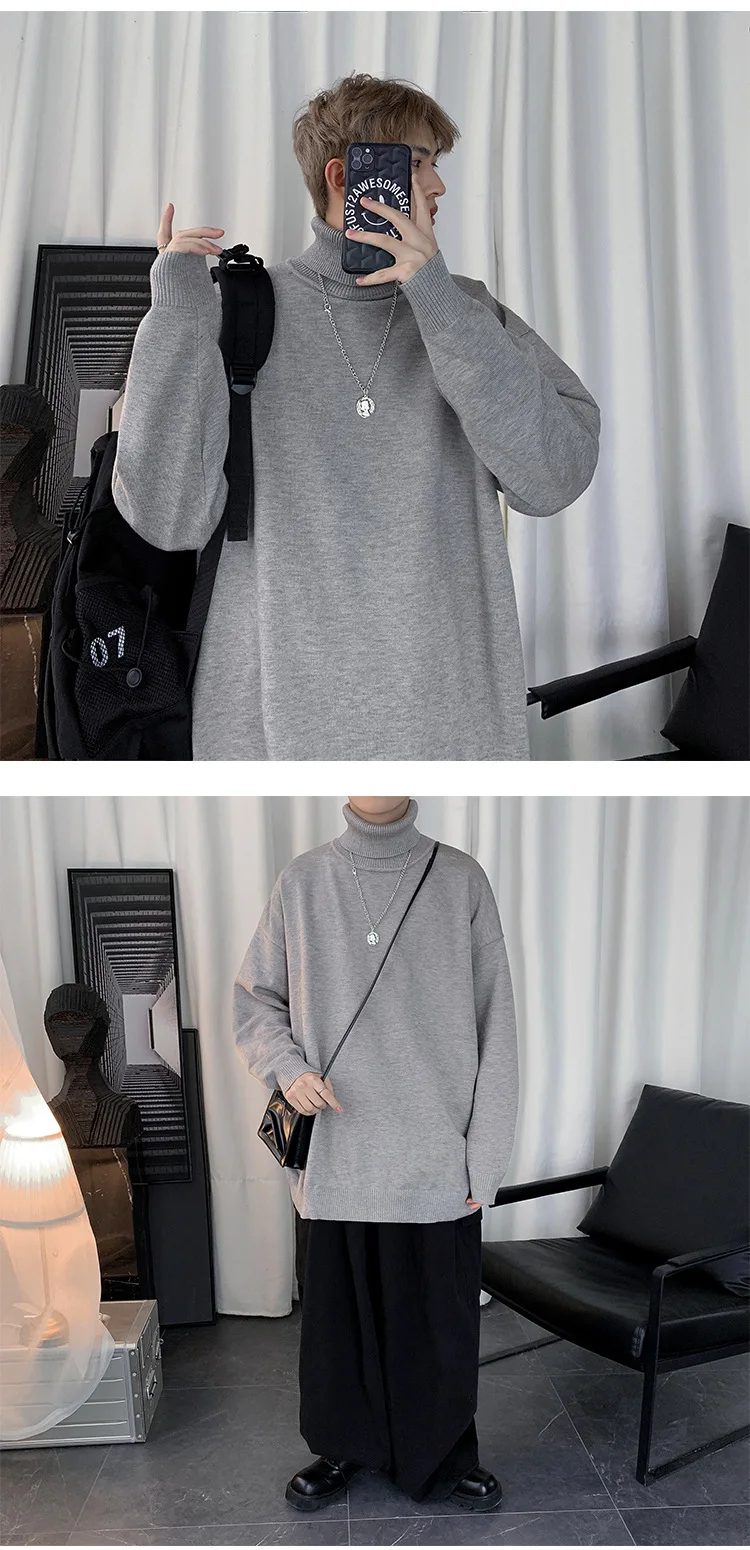 Korean Fashion Solid Color Men Sweater High Neck Turtleneck Sweaters Men Casual Clothes Autumn Winter Tops Oversized Sweaters vintage sweaters mens