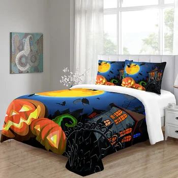

Bedroom Comforter Set Happy Halloween Pumpkin Bat Castle Moon Cartoon Kids Duvet Cover Luxury Home Textile Digital Printing