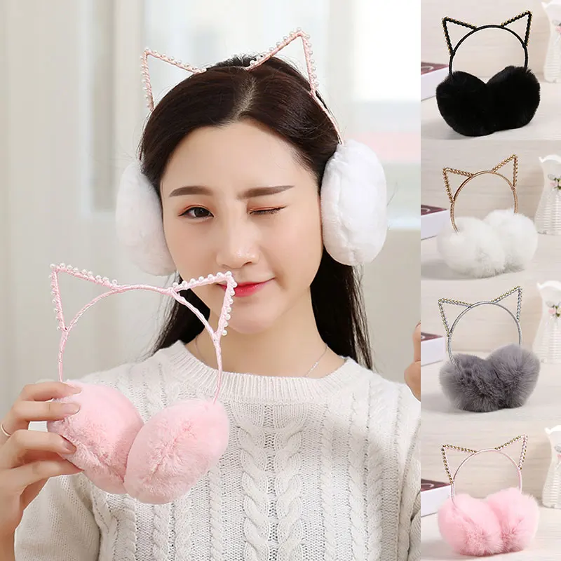 Новинка 2019 модные женские меховые зимние наушники для девочек стразы кошачьи