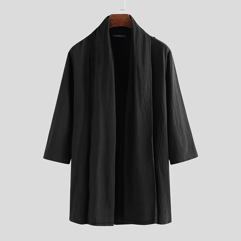 Black INCERUN, китайский стиль, Мужской плащ, пальто, хлопок, однотонный,, длинный рукав, уличная одежда, Ретро стиль, кимоно, повседневный Тренч, мужская верхняя одежда, S-3XL - Цвет: Black