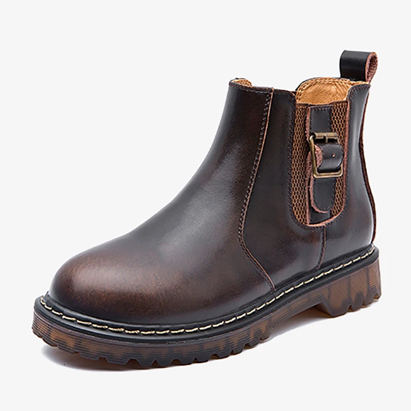 

New Fashion Ankle Chelsea Boots Women Genuine Leather Japanese Style Belt buckle decoration On Left Round Toe Slip-On Women Boot