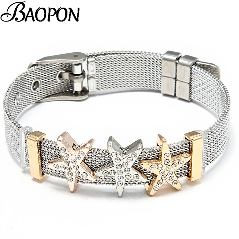 BAOPON браслеты из нержавеющей стали с блестящими бусинами в виде морской звезды, сетчатые браслеты, браслеты для женщин, браслеты с подвесками для пары, рождественские ювелирные изделия, подарок, 3 цвета
