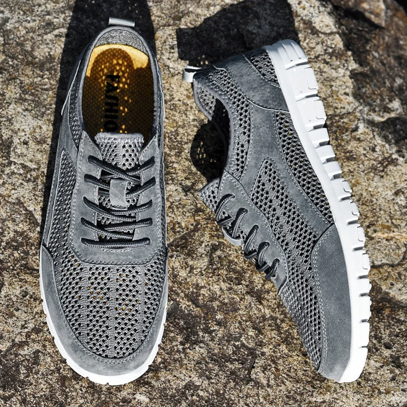 Summer New Outdoor Men Shoes Big Size Pigskin+Mesh Sneakers Soft Breathable Walking Shoes Brand Fashion Casual Sports Trainers