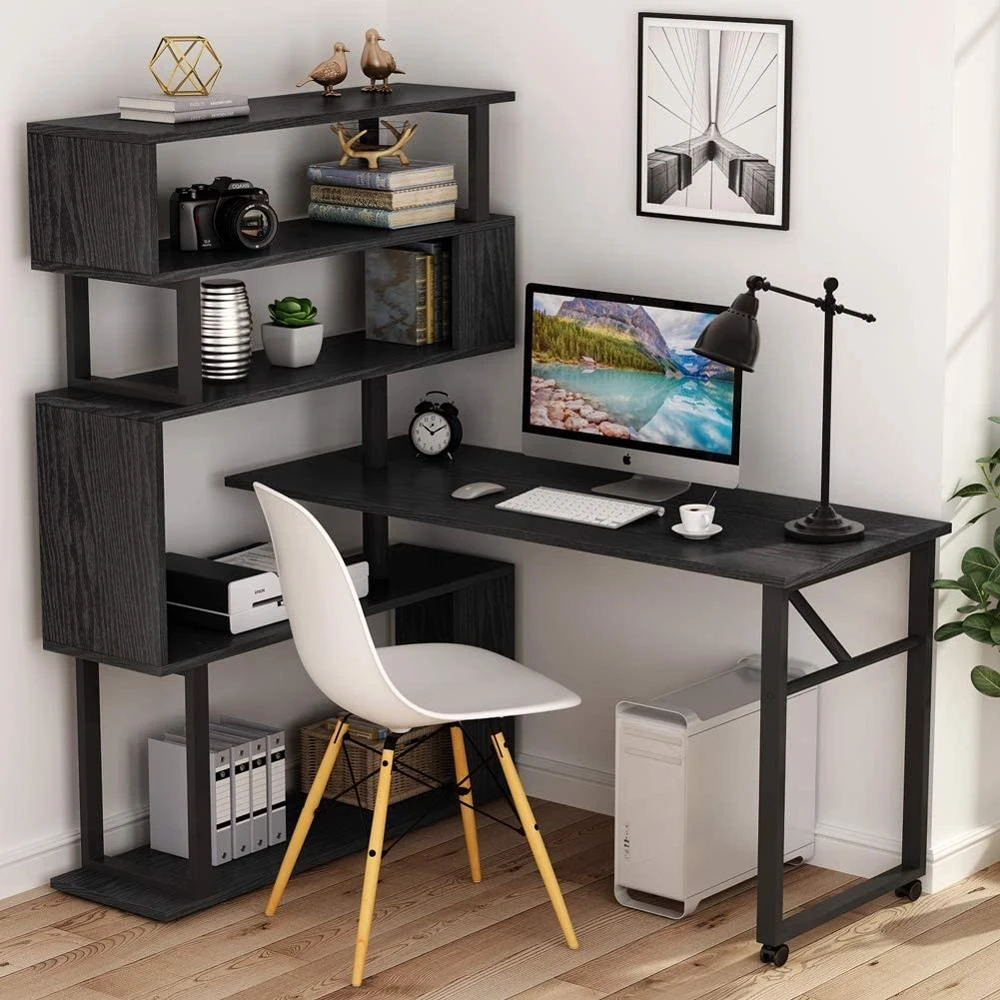 Tribesigns Rotating Computer Desk With 5 Shelves Bookshelf Vintage Rustic L Shaped Corner Desk With Storage Reversible Office Aliexpress