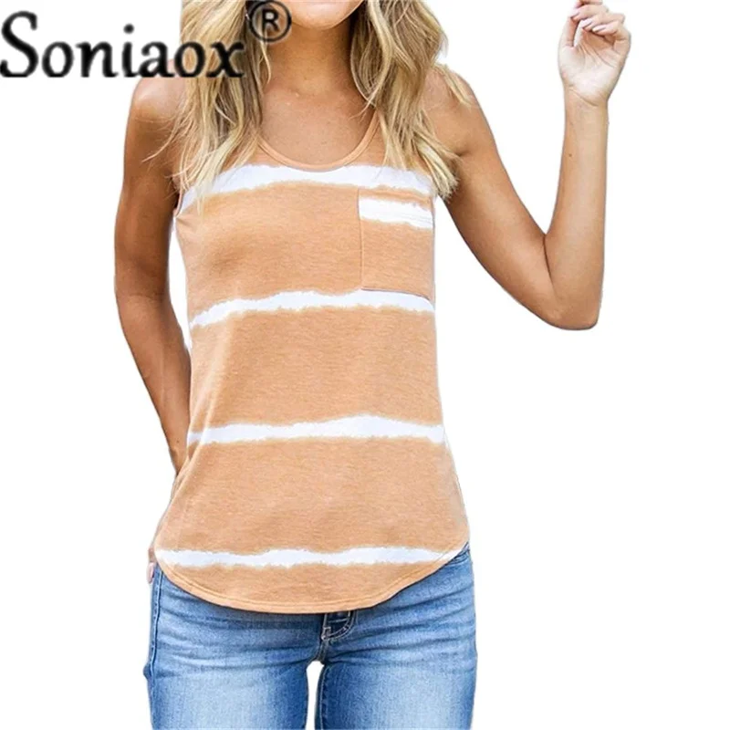 

2021 Women's Summer Sleeveless Pocket Tie-Dye Printed Striped Vest Tops Ladies Fashion Casual Loose Streetwear T-Shirt