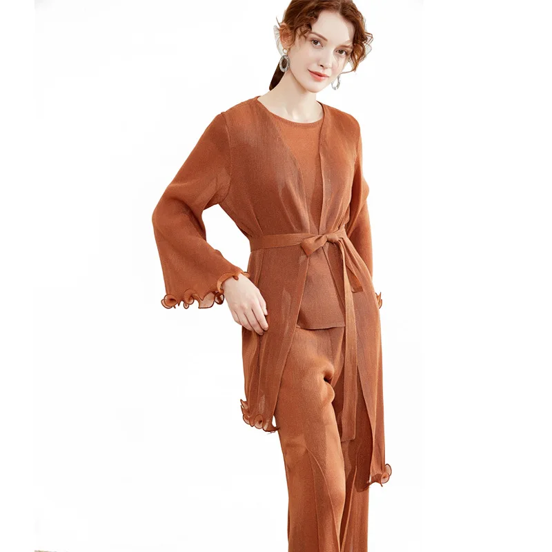 New T-shirt with round collar+ autumn irregular coat slim women's+ open-ended trousers casual three-piece suit pant set