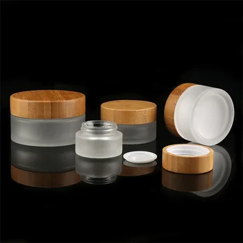 

50pcs*100g 50pcs*50g +bamboo cosmetic jar glass for face cream packing glass jar with lids bamboo Frosted Clear bamboo bottle