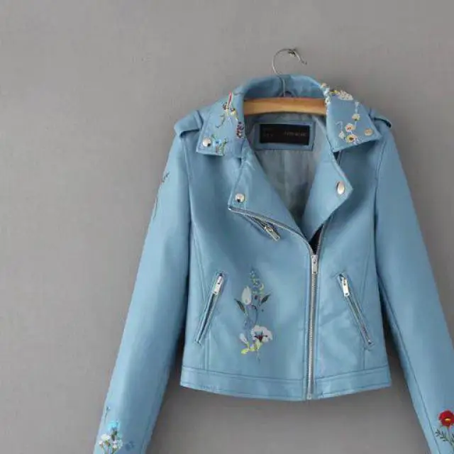 Ladies biker leahter jacket new spring autumn slim floral Embroidery short faux leahter coat women Motorcycle outerwear - Цвет: 2