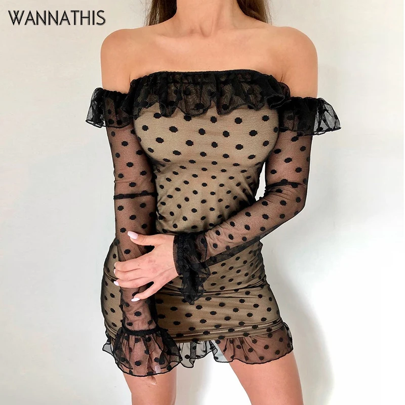 

Wannathis Flare Lace Sleeve Dots Print Party Dresses Strapless Off Shoulder Elegant patchwork Mesh Ruffles Bodycon Mini Dresses