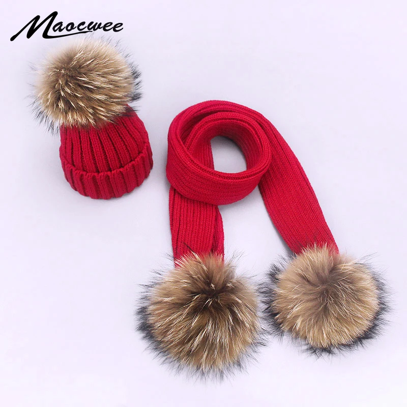 

Two-piece Scarf Hat Set New Arrival Children Women Beanies PomPon Knitted Skullies Hats Autumn And Winter Warm Solid Color