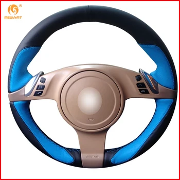 

MEWANT Light Blue Black Leather Car Steering Wheel Cover for Porsche Cayenne Panamera 2010 2011 Interior Accessories Parts