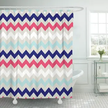 

Beige Coral Navy Chevron Pattern Blue Baby Aqua Birthday Shower Curtain Waterproof Polyester Fabric 60 x 72 Inches Set with Hook