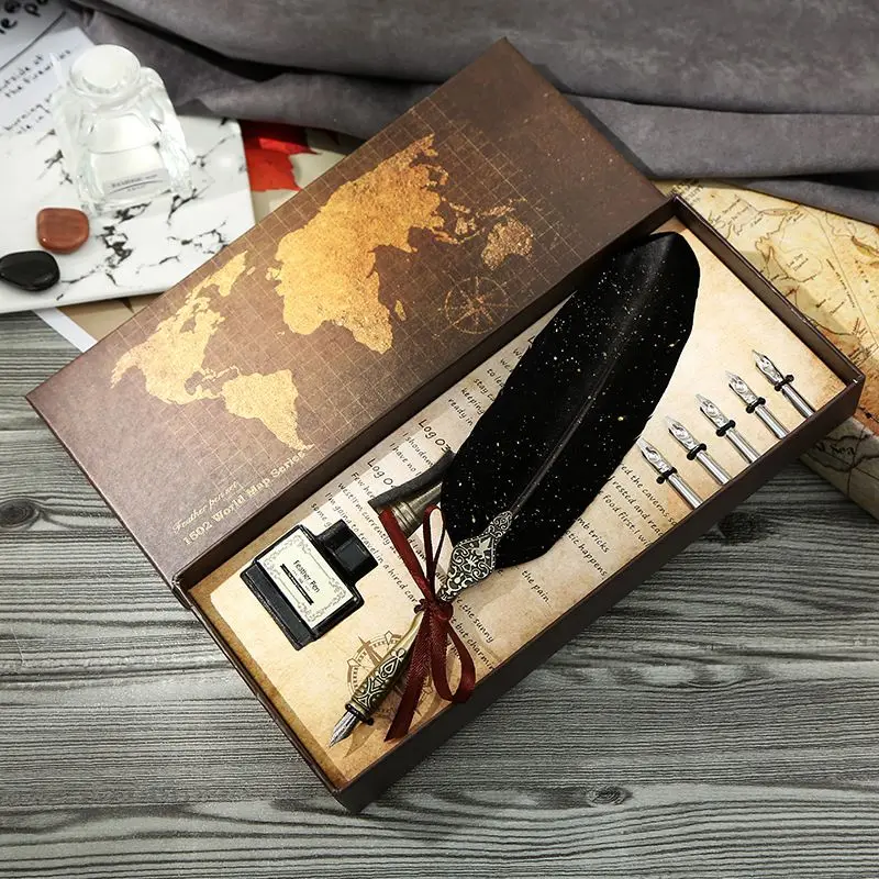 

English Calligrap Feather Pen Set Ink Pen Dip Water Birthday Gift Box Vintage Advertising Gift Metal Fountain Pen Set