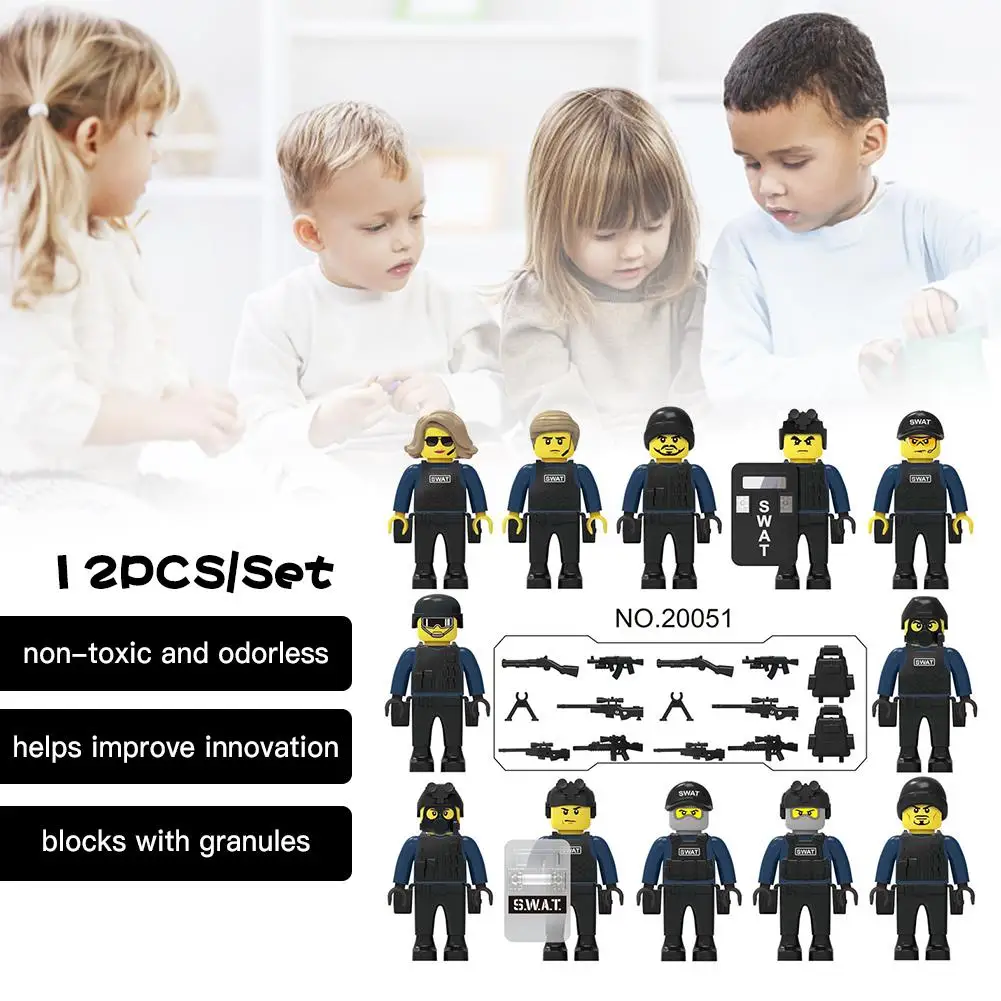 12PCS Set Police City Dolls Armed Figures legoingly Building Blocks with A Variety of Shapes and 4