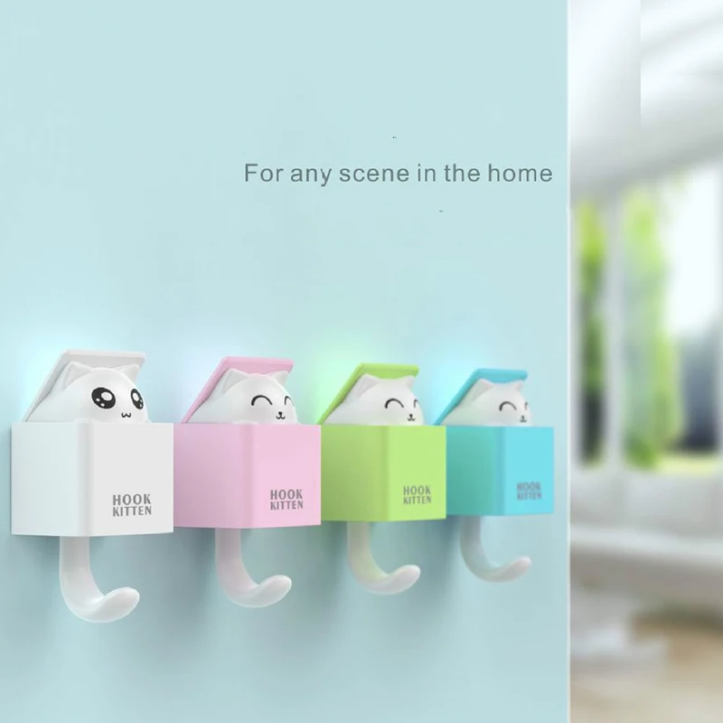 

Living Room Plastic Hanger Adhesive Bathroom Wall Holder Sticky Racks Cat Cartoon Key Hat Scarf Decoration Hanging Hooks 4colors