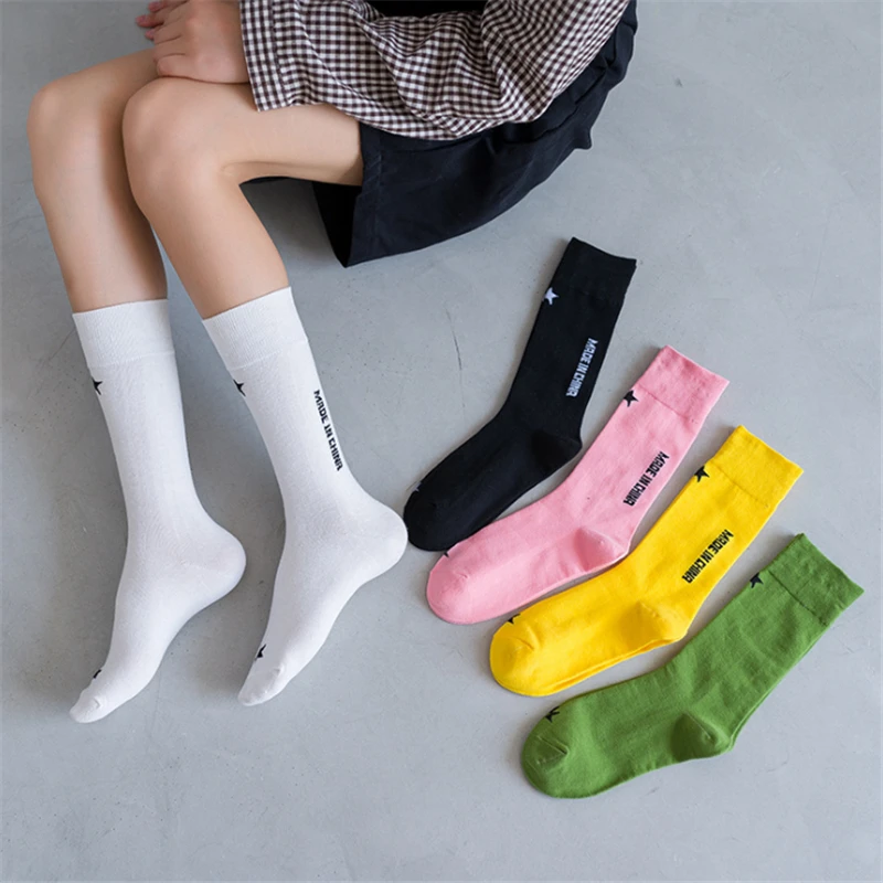 

5 Pairs Fashion Star Letter Solid Color Socks Women Long 2020 Autumn Winter New Arrival Wholesale Personality Sock For Ladies