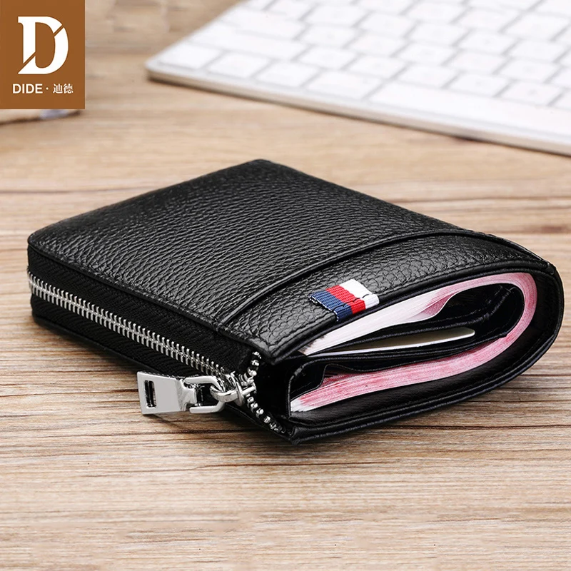 DIDE Black Genuine Leather Wallet Men RFID Credit Card Holder Male Short Coin Purse Wallets Cowhide Zipper Wallet Vintage Casual