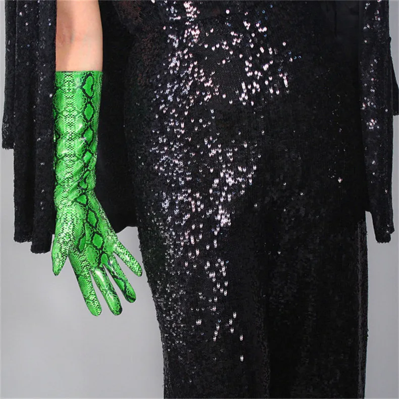 Snakeskin Short Gloves 21cm Patent Leather Emulation Leather PU Bright Leather Animal Python Green Snake pattern Female WPU105