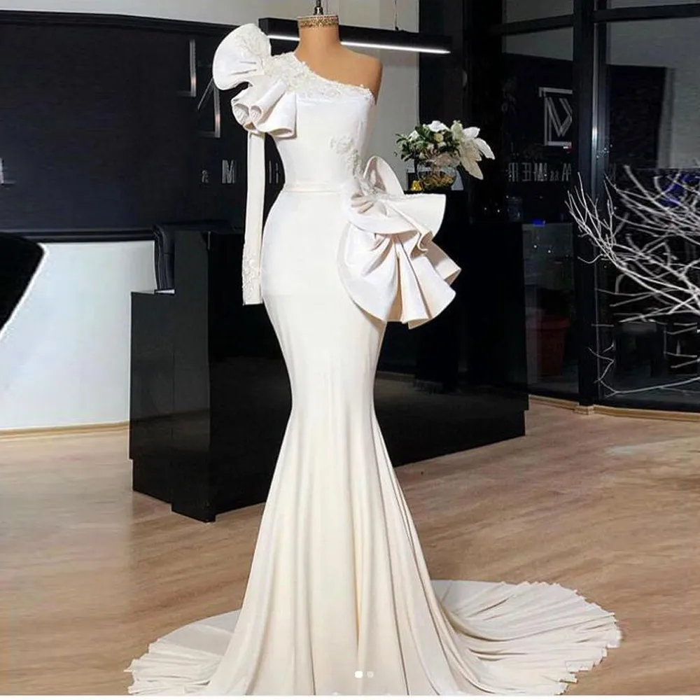 One Shoulder Satin Prom Dresses Ruffles 