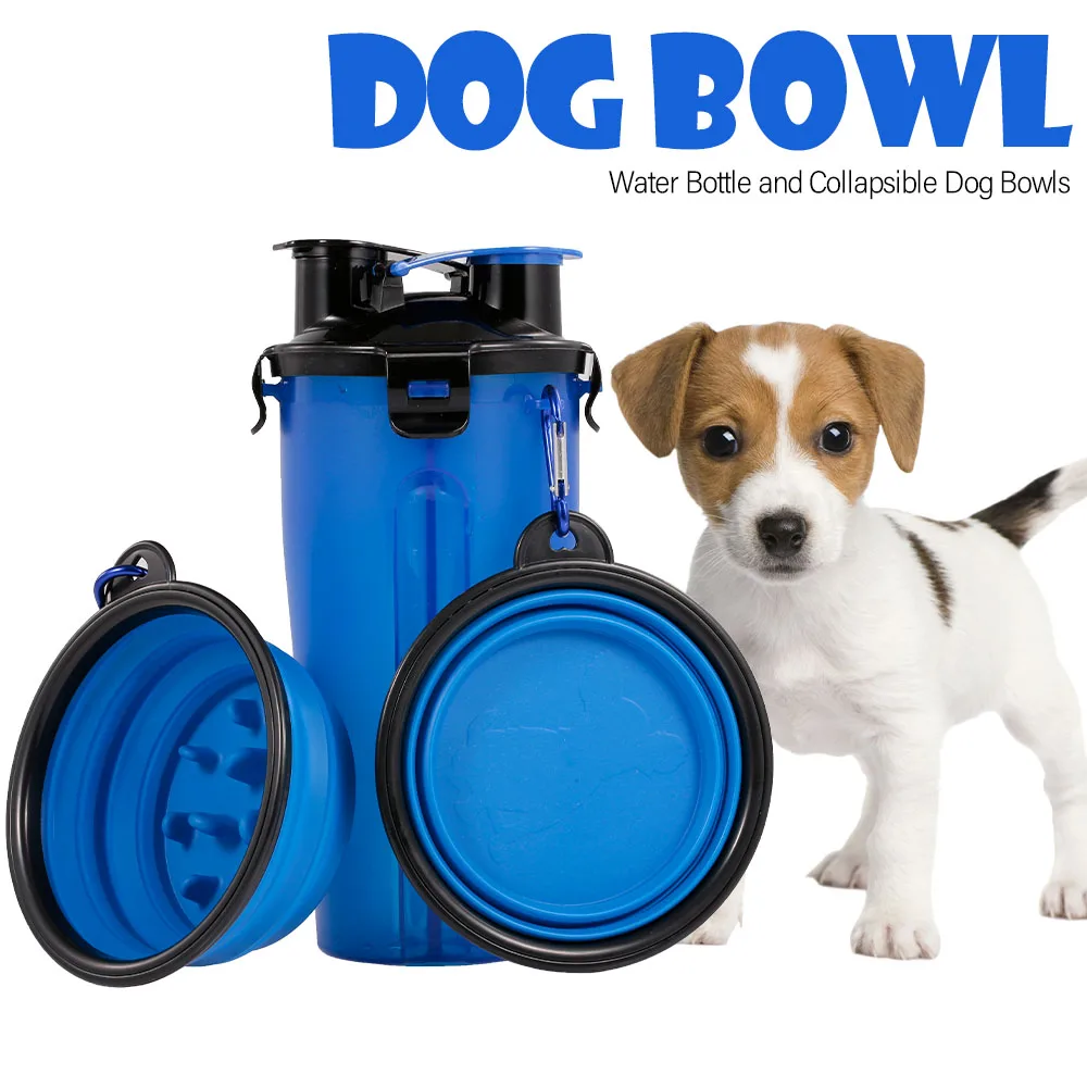 

2 in 1 Dog Bowl Water Bottle Pet Food Feeder Container with Collapsible Dog Puppy Bowls Outdoor Dog Walking Hiking Travelling