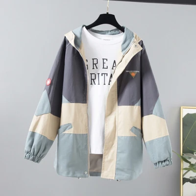 Patchwork Harajuku свободный стиль сафари с капюшоном лоскутное женская куртка ветровка Осень Новая мода длинный рукав бейсбольная куртка пальто Женская - Цвет: Patchwork